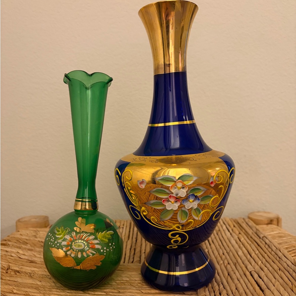 Bohemian Czech Hand Painted Vase/Glassware Rare Lot of 2